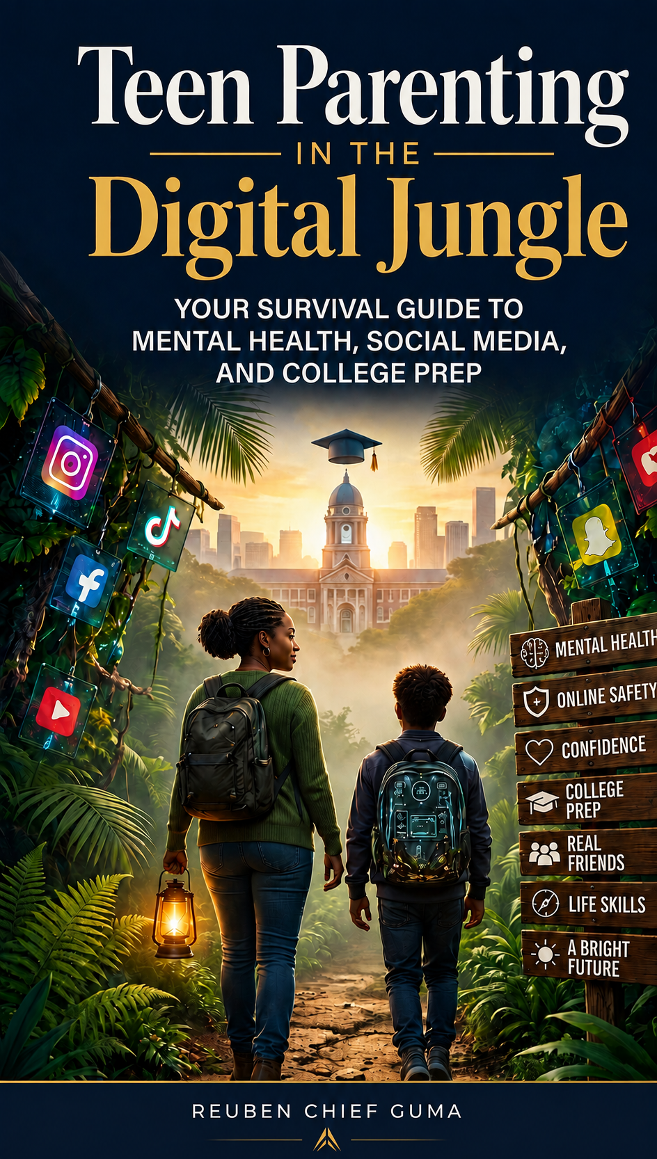 Book cover of Teen Parenting in the Digital Jungle by Reuben Chief Guma — a parent and teen walking a jungle path lined with social media signs toward a university at sunrise.