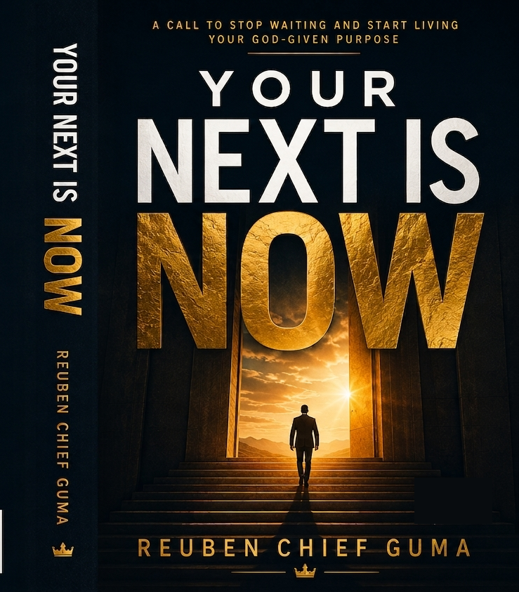 Book cover of Your Next Is Now by Reuben Chief Guma — a navy and gold hardcover from Inner Compass Publishing on stepping into your next chapter.