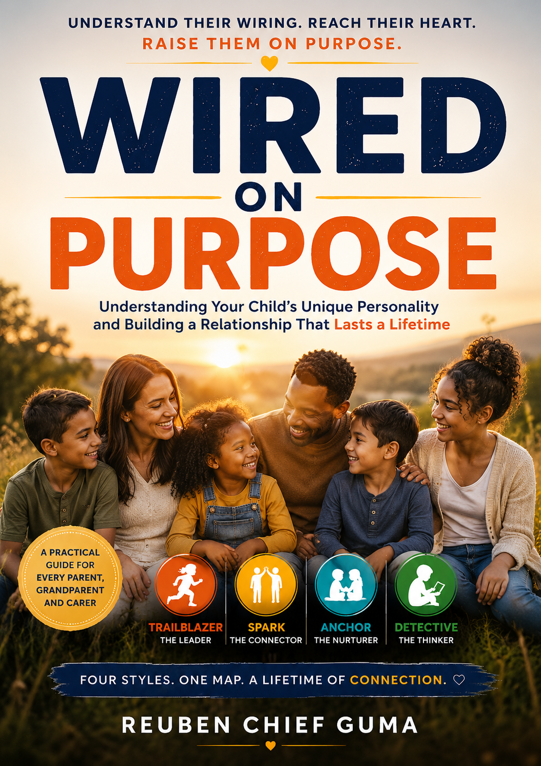 Book cover of Wired on Purpose by Reuben Chief Guma — a parenting guide to understanding your child's unique personality, featuring a family at sunset and four wiring-style icons.